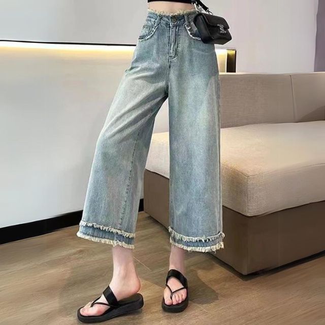 Ariella - brede ben denim culotte med frynser forneden