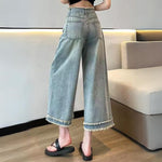 Ariella - brede ben denim culotte med frynser forneden