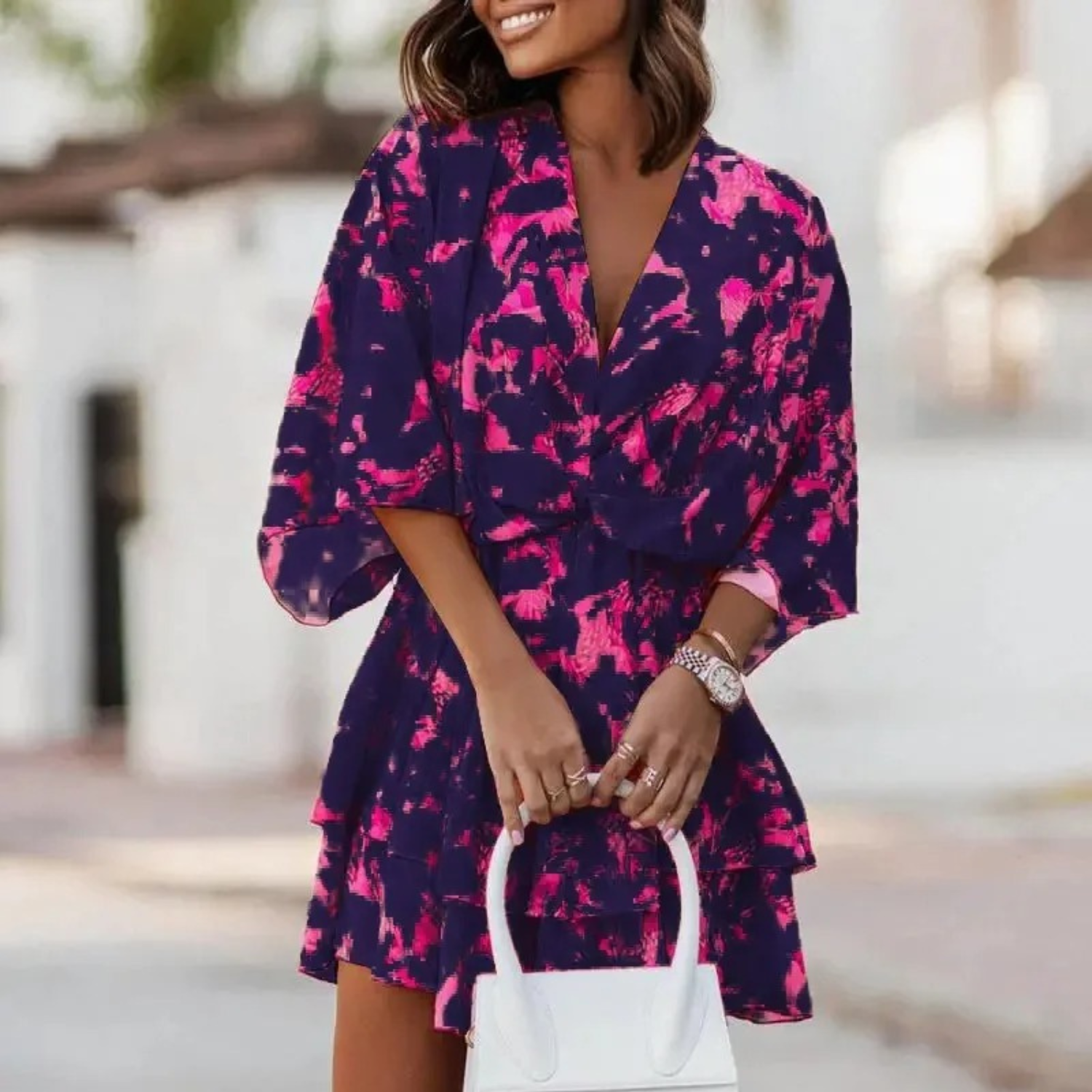 MODA lilla sommerkjole med v-hals og print