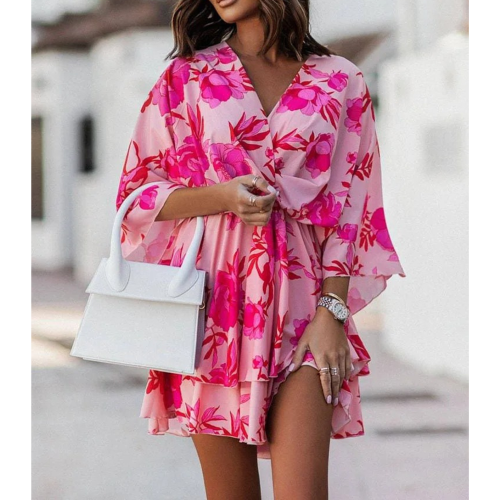 MODA lilla sommerkjole med v-hals og print