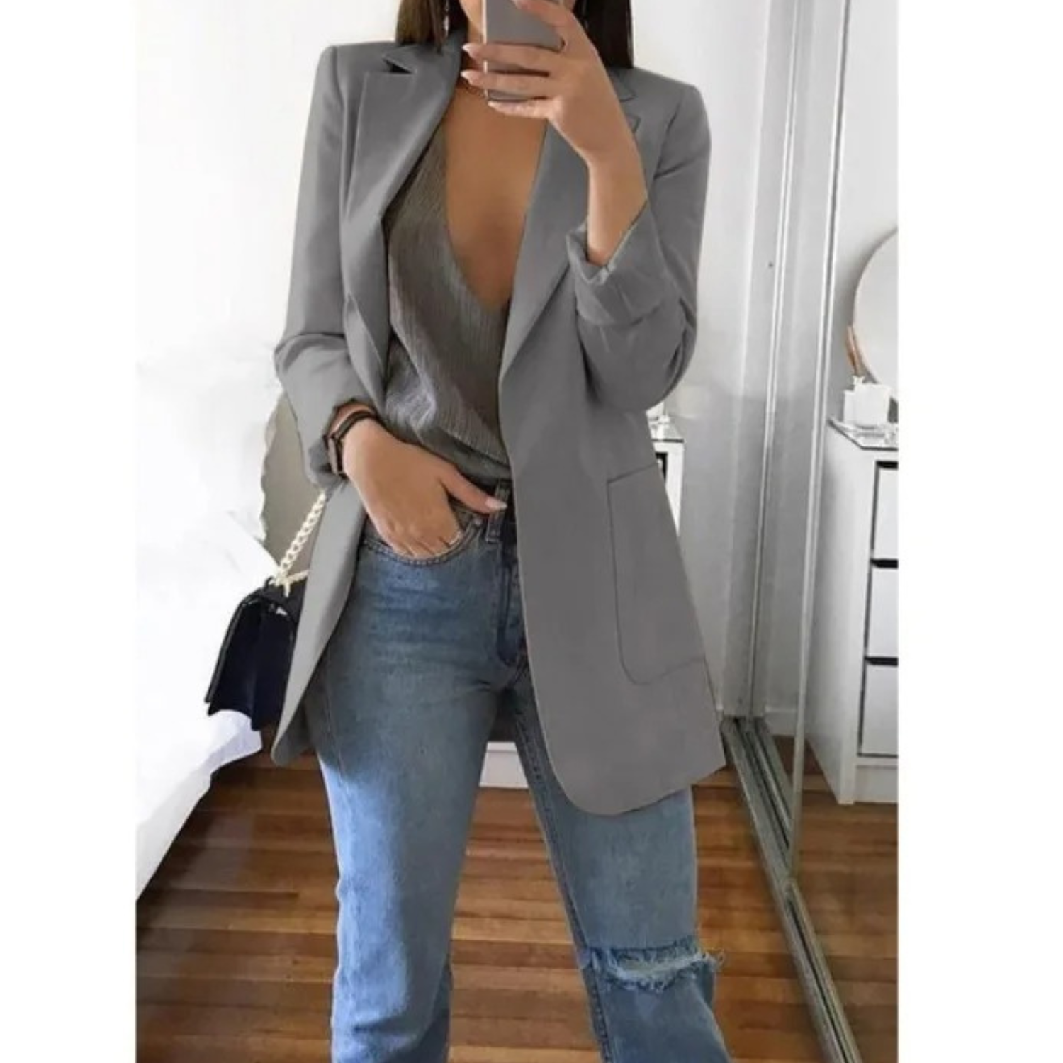 MODA khaki farve lang dame blazer