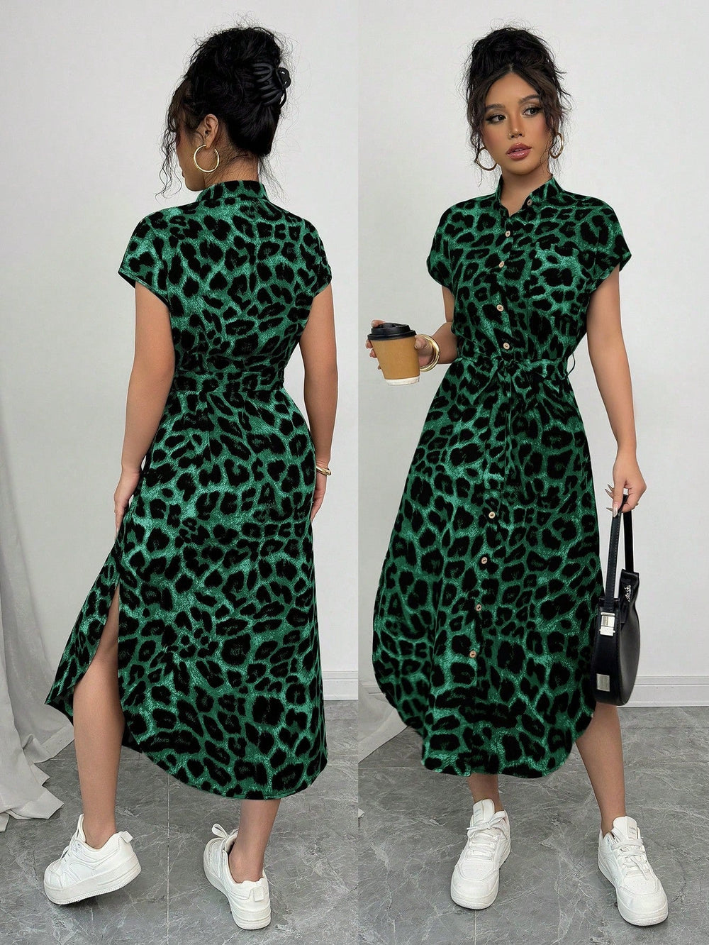Kvinders Elegant Leopard Print Lang Skjorte Kjole