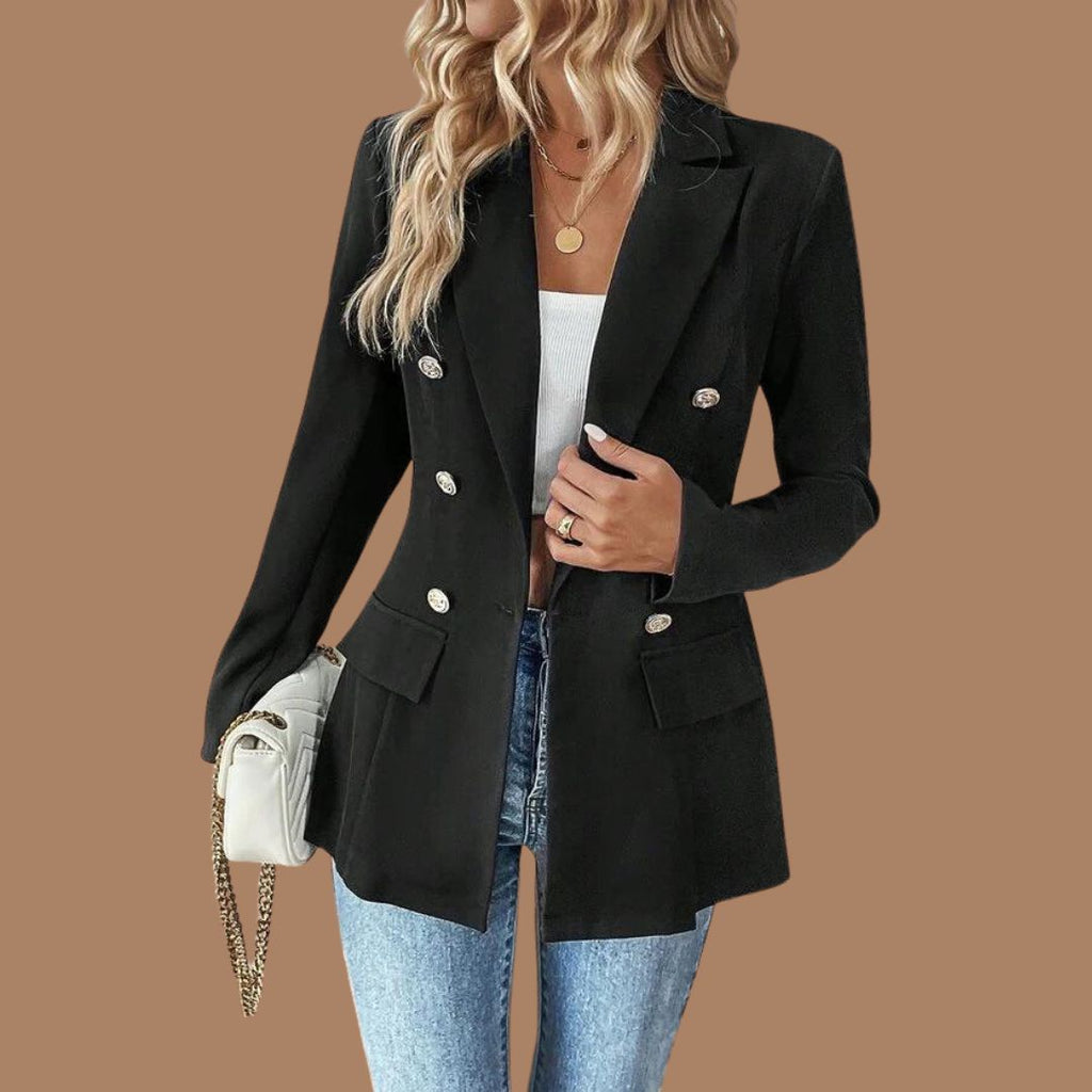 Elegant Chic - Klassisk Sort Dobbeltbrystet Blazer med Sølvknapper