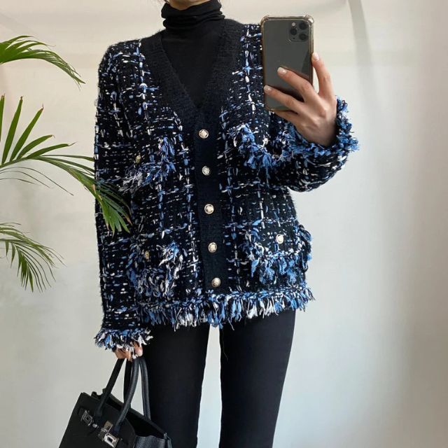 Bianca - Slående tweed blazer med frynsede kanter