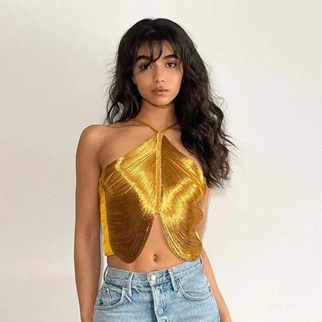 Aurelia - Metallic Cross-Front Halter-Crop-Top