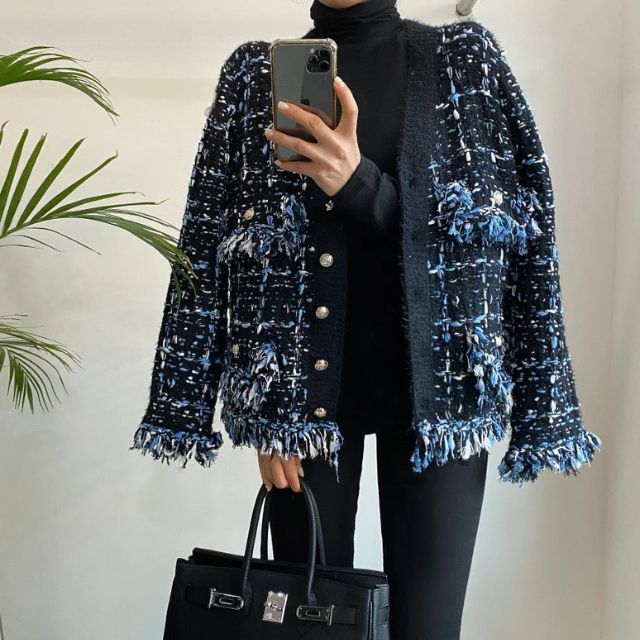 Bianca - Slående tweed blazer med frynsede kanter