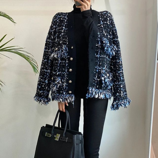 Bianca - Slående tweed blazer med frynsede kanter