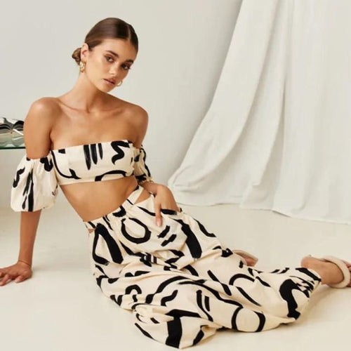 Luna - off shoulder todelt sæt i abstrakt print