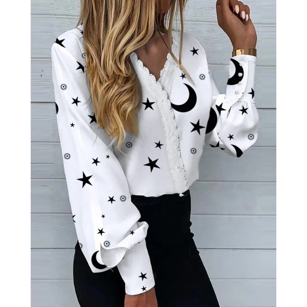 MODA hvid blomsterprint komfortabel revers dame bluse