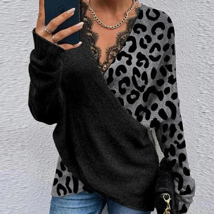 Zoe - Afslappet Sweater med Leopardprint Panel og Blondestykke