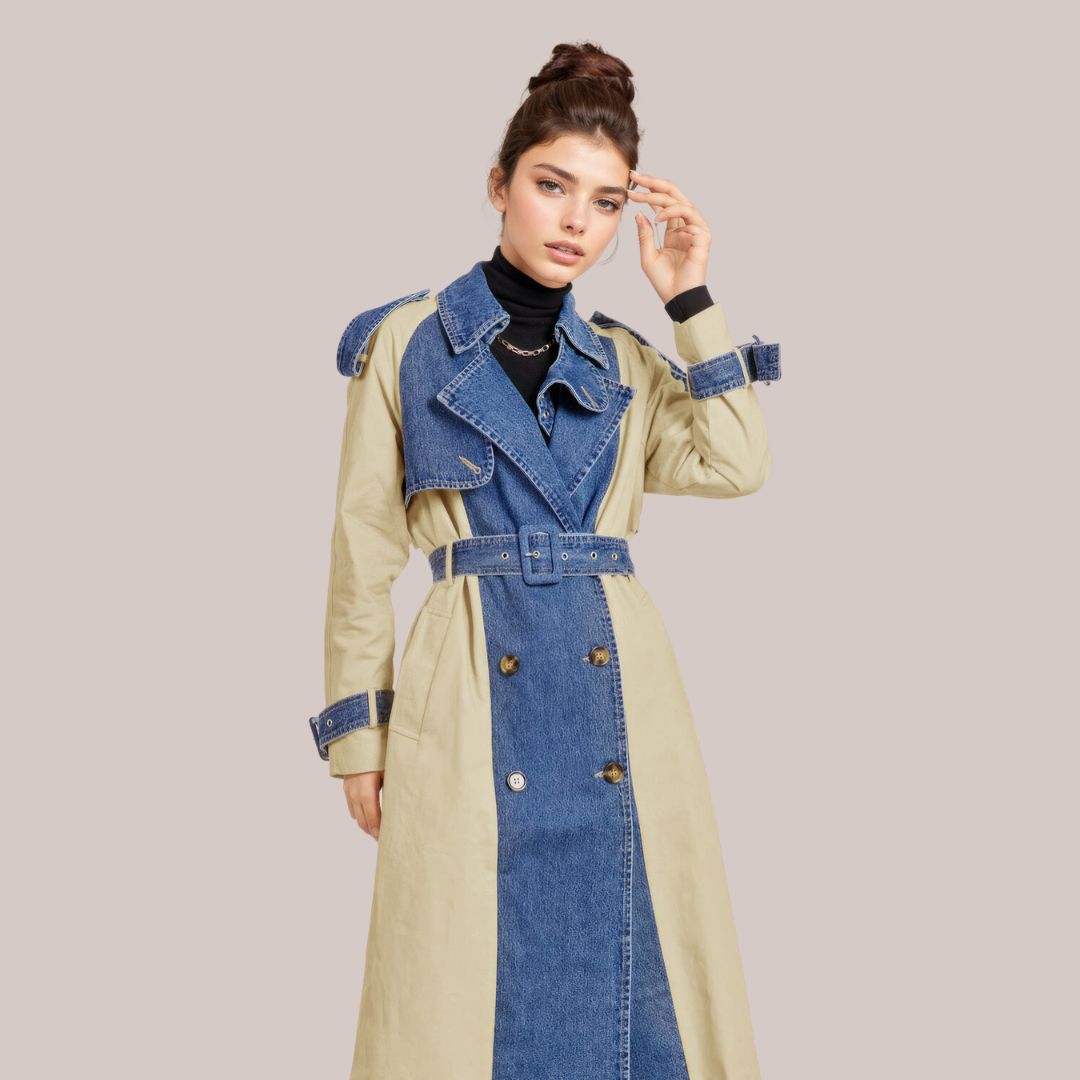 Tami - Dobbeltradet trenchcoat med denimdetaljer