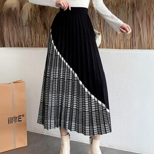 Nina - Plisseret midi-nederdel med houndstooth-panel