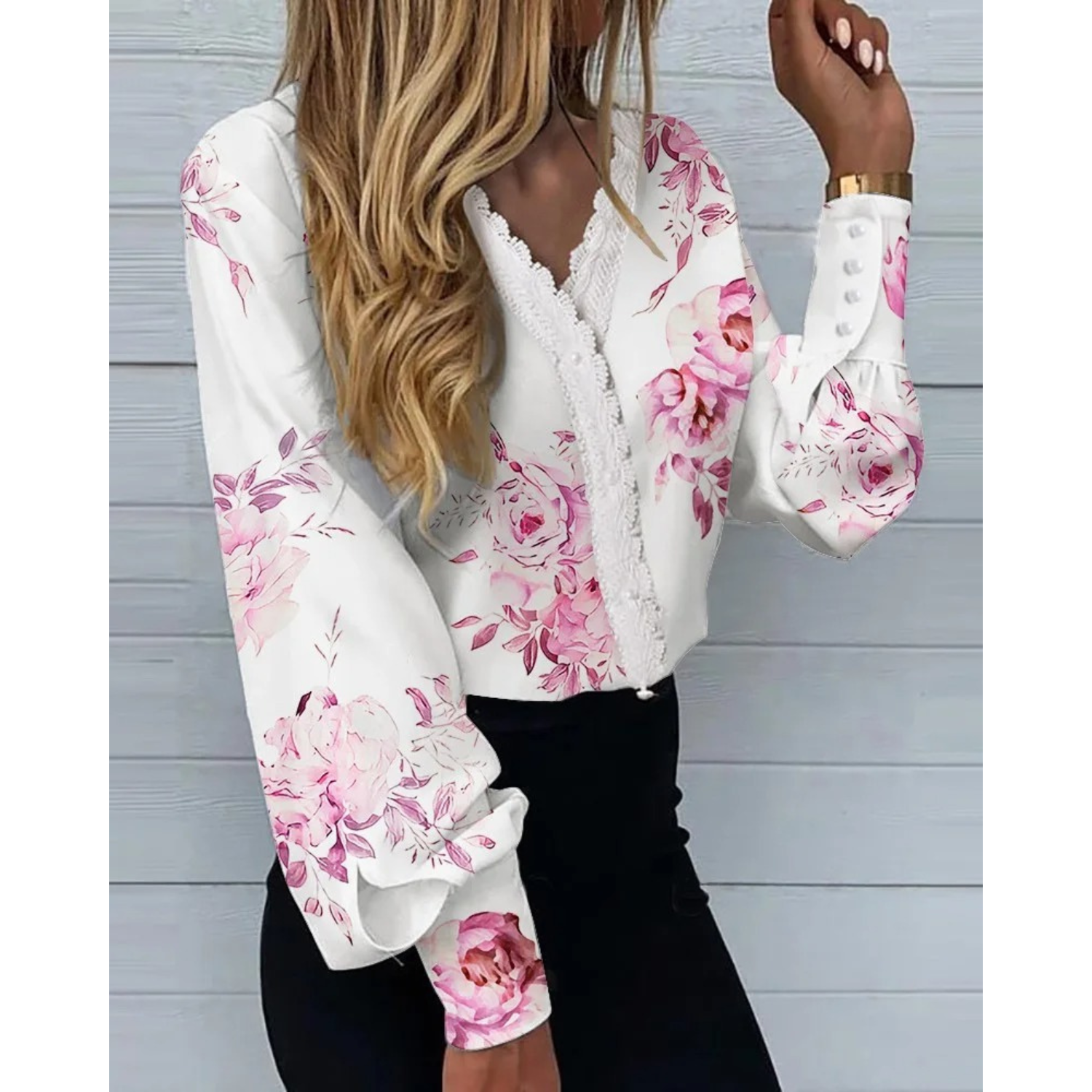 MODA hvid blomsterprint komfortabel revers dame bluse