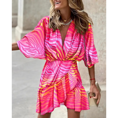 MODA lilla sommerkjole med v-hals og print