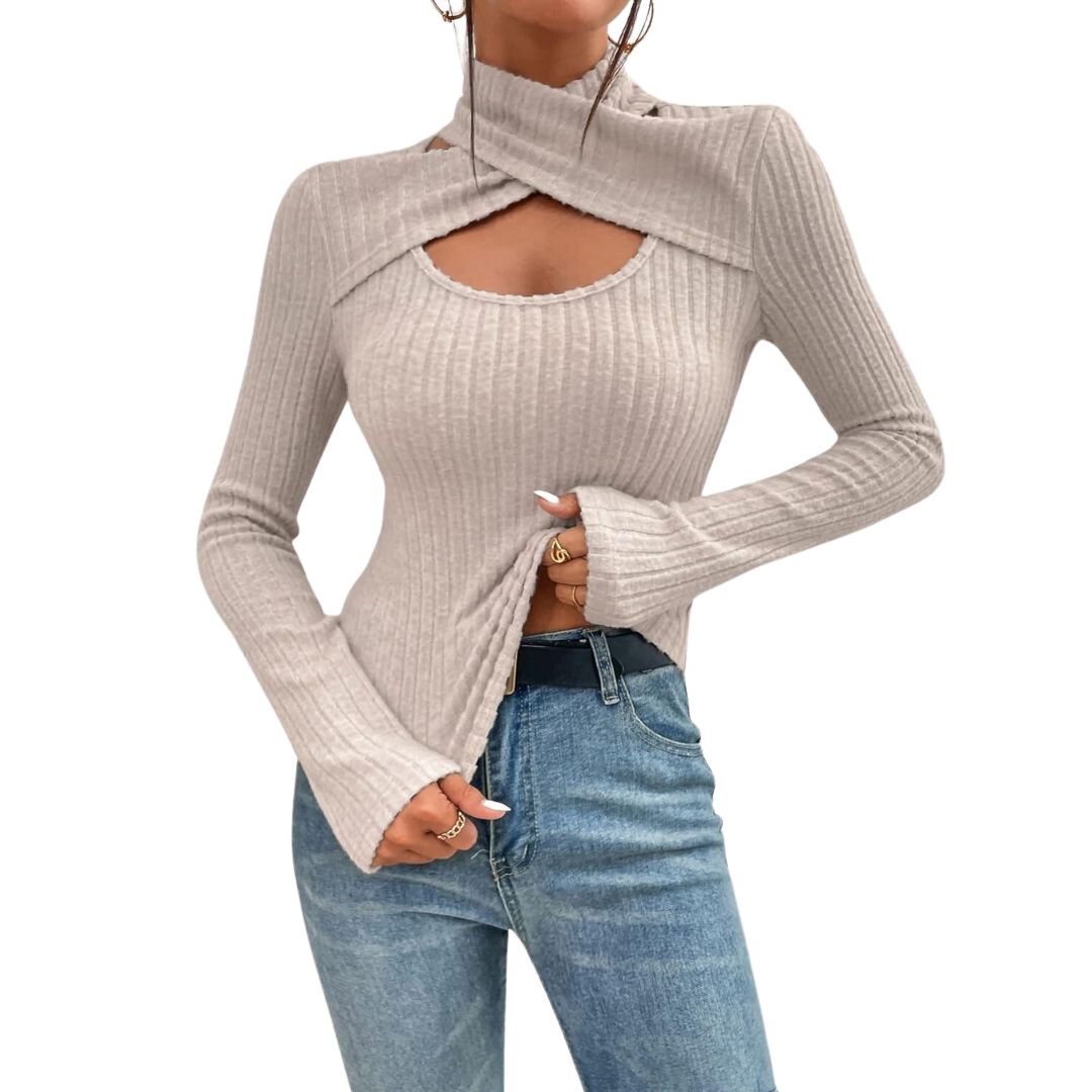 Miranda - Ribbet Mock Neck Sweater med Udsnit Detalje