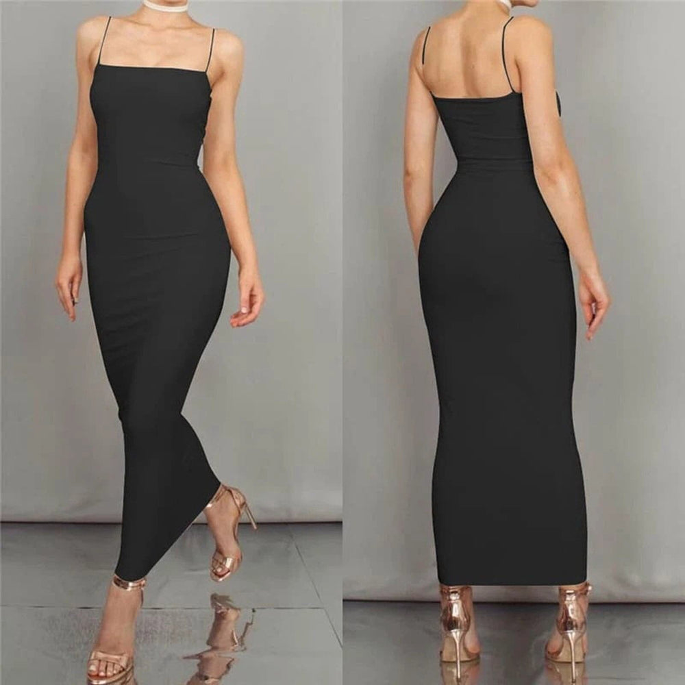 Kvinde Bodycon Kjole - Midi Længde - Spaghettistropper - Elegant og Figursyet