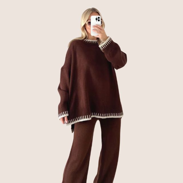 Hannah - Chic strikket loungewear-sæt med kontrastkant