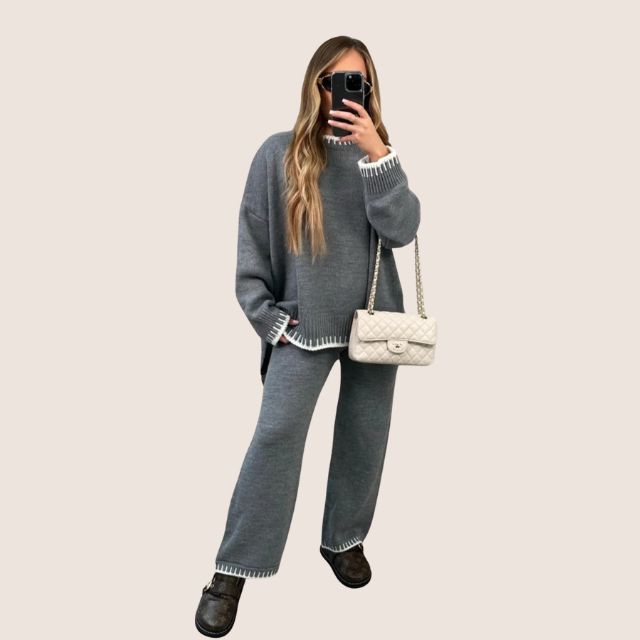 Hannah - Chic strikket loungewear-sæt med kontrastkant