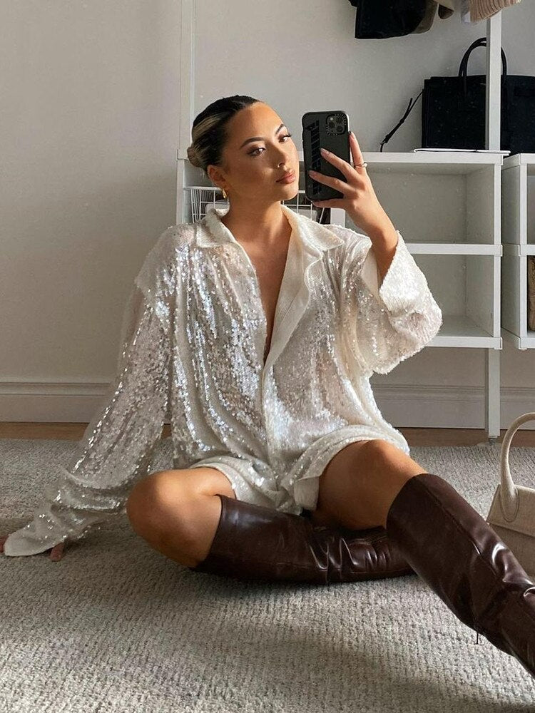 Oversized glitterbluse til kvinder