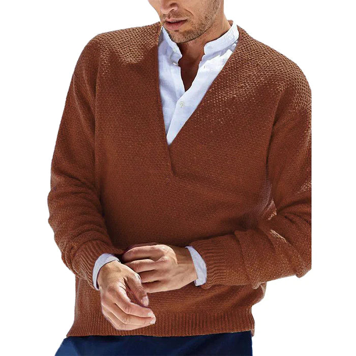 Theodore - Tekstureret Strikket V-Hals Sweater i Sennep