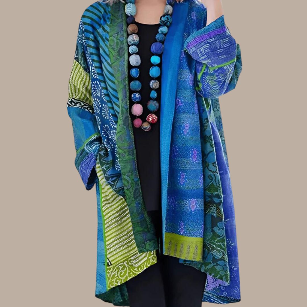 Luna - Farverig Patchwork Kimono med Teksturerede Lag