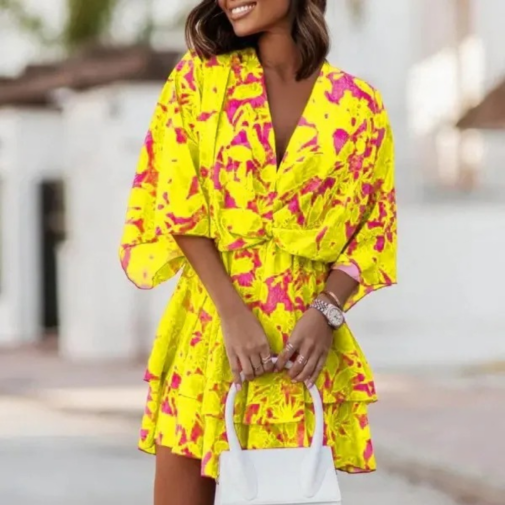 MODA lilla sommerkjole med v-hals og print