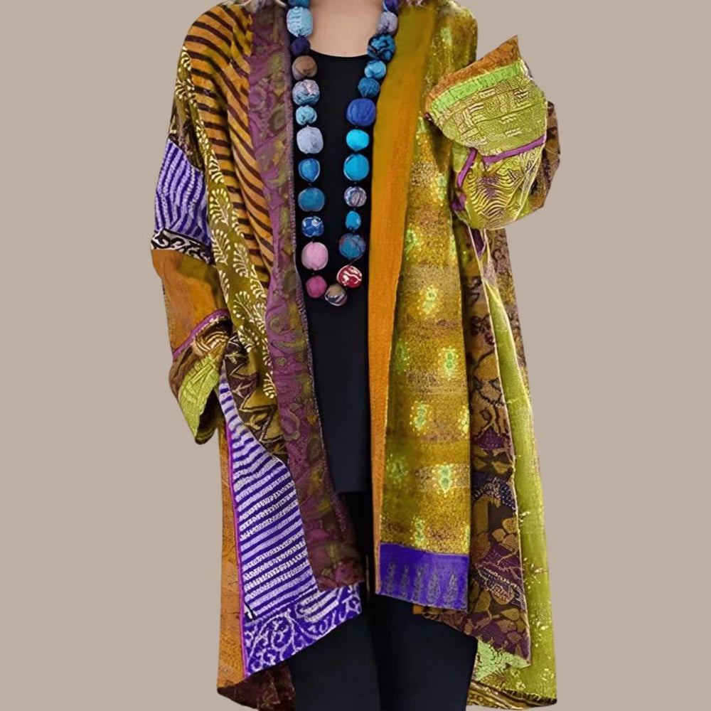 Luna - Farverig Patchwork Kimono med Teksturerede Lag