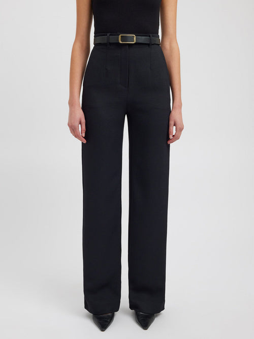 High-Waist Wide-Leg Bukser med Bælte | Sort | Uldblanding | Elegant & Struktureret