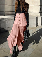 Plisseret Midi Nederdel med Knapper | Polyesterblanding | Elegant & Moderne