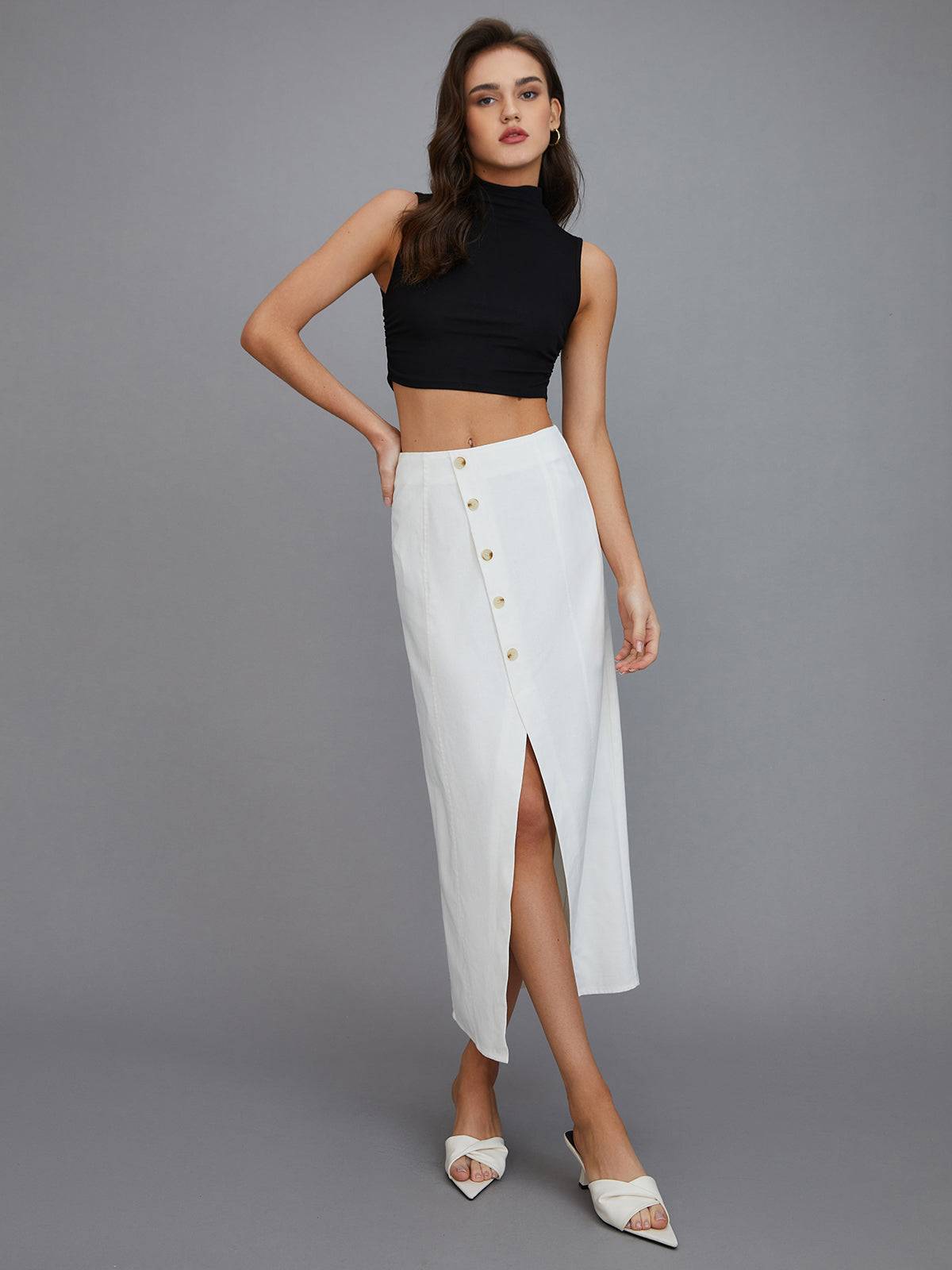 Midi Nederdel med Knapper | Hvid | Bomuldsblanding | Elegant & Moderne