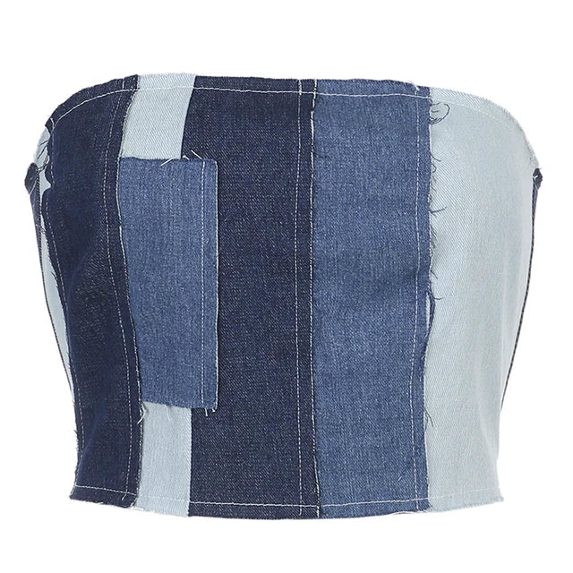 Brielle - crop top i patchwork denim