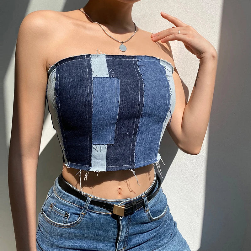 Brielle - crop top i patchwork denim