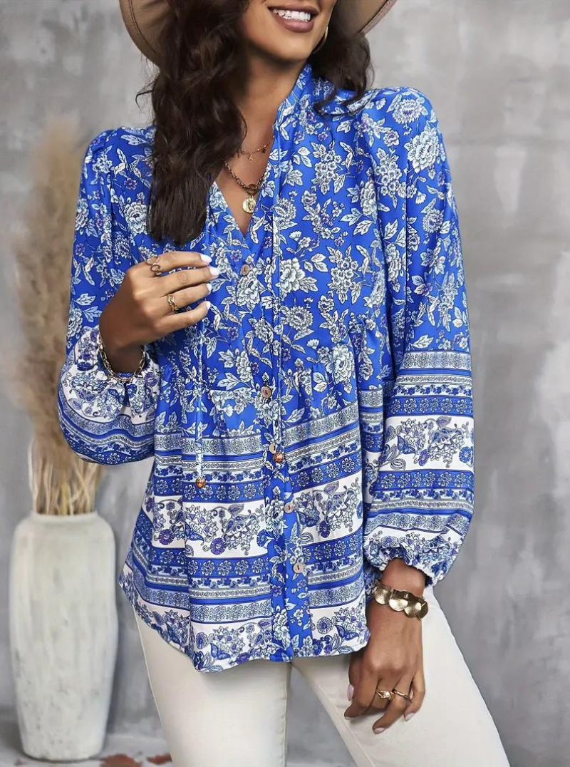 Boho-Bluse, blomsterprint, langærmet, dametøj, løs pasform