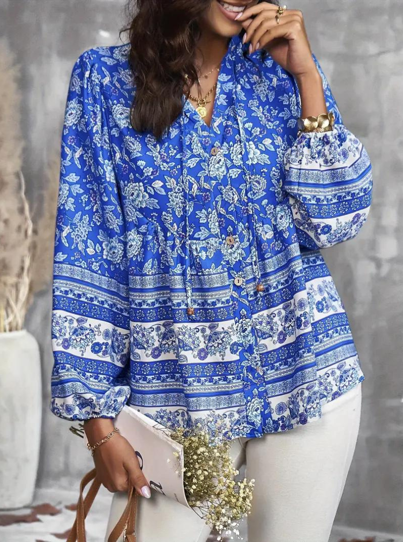 Boho-Bluse, blomsterprint, langærmet, dametøj, løs pasform