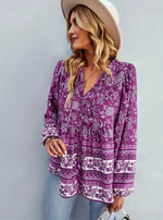 Boho-Bluse, blomsterprint, langærmet, dametøj, løs pasform