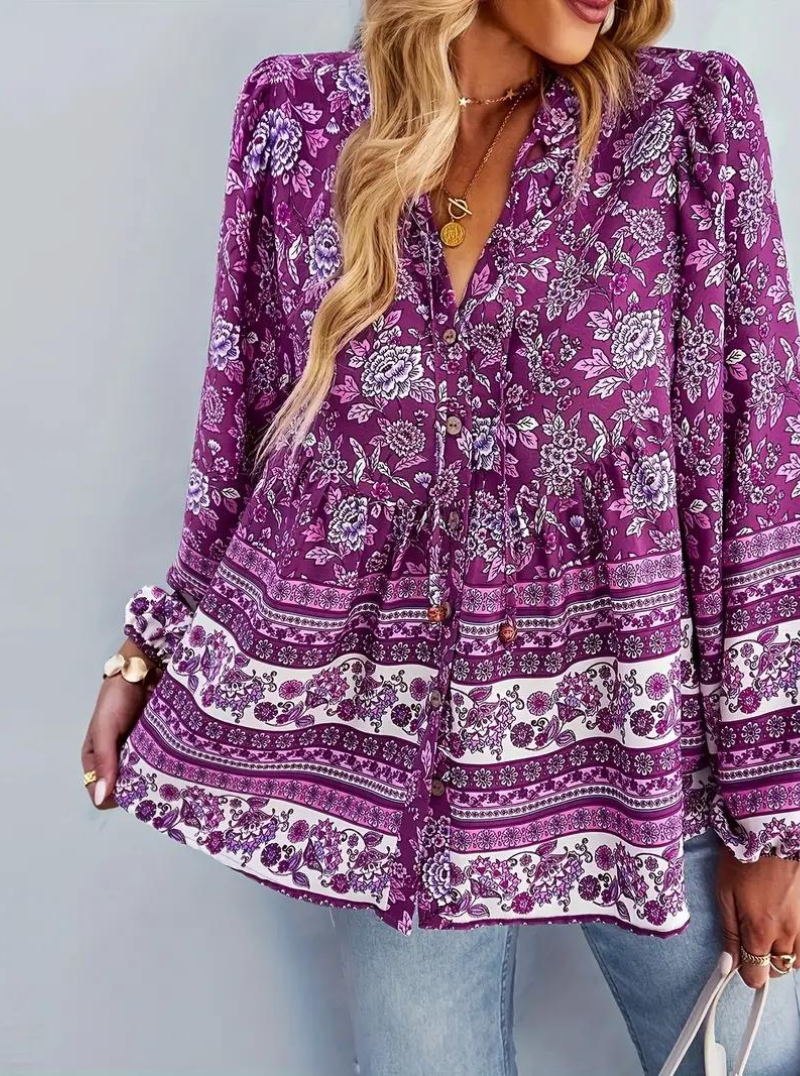 Boho-Bluse, blomsterprint, langærmet, dametøj, løs pasform