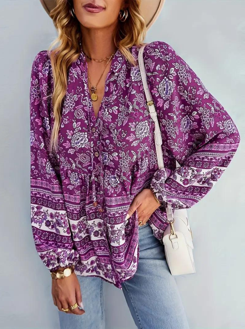 Boho-Bluse, blomsterprint, langærmet, dametøj, løs pasform