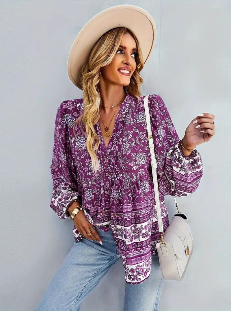 Boho-Bluse, blomsterprint, langærmet, dametøj, løs pasform