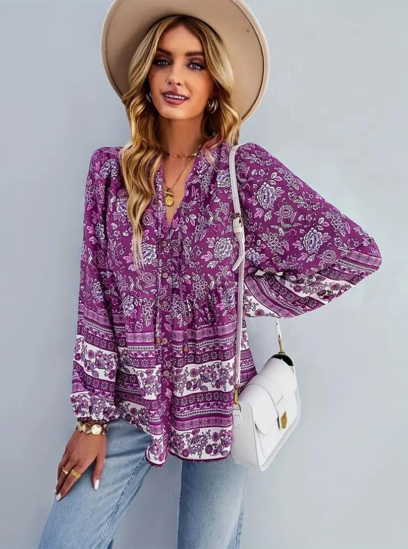 Boho-Bluse, blomsterprint, langærmet, dametøj, løs pasform