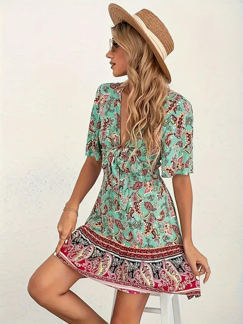 Boho-kjole - Paisley-print - Kortærmet - Minikjole - Sommerkjole