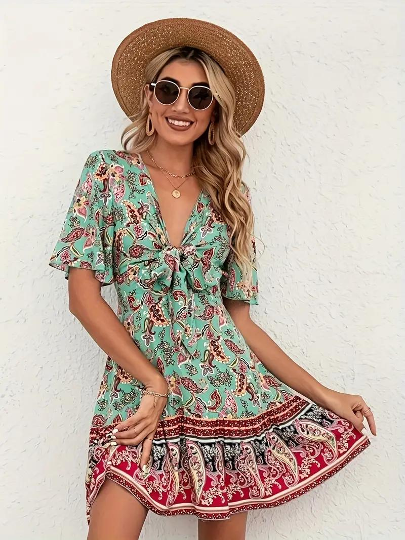 Boho-kjole - Paisley-print - Kortærmet - Minikjole - Sommerkjole