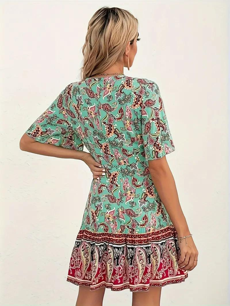 Boho-kjole - Paisley-print - Kortærmet - Minikjole - Sommerkjole