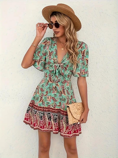 Boho-kjole - Paisley-print - Kortærmet - Minikjole - Sommerkjole