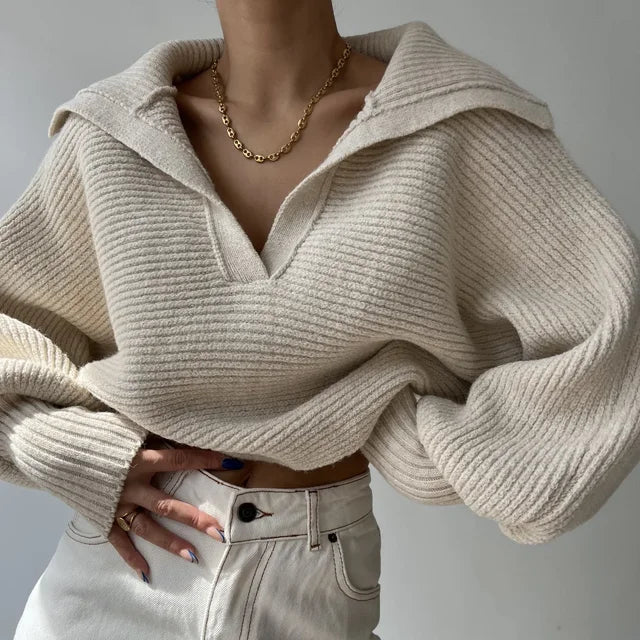 Natalia - Strukturstrikket sweater med krave