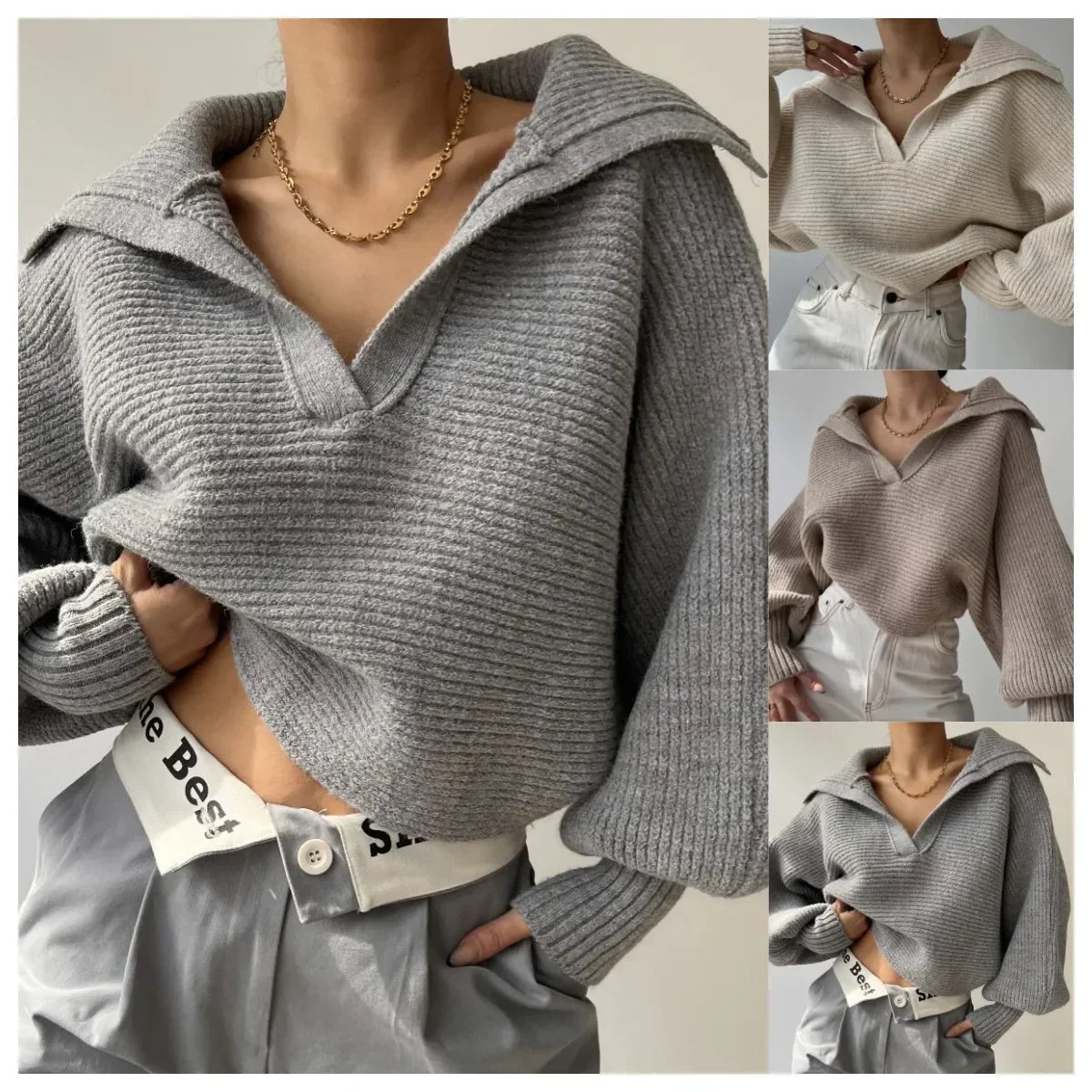 Natalia - Strukturstrikket sweater med krave