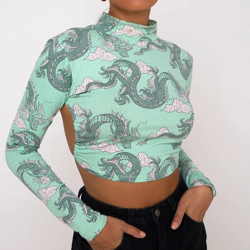 Ava - Crop top med drageprint og høj krave