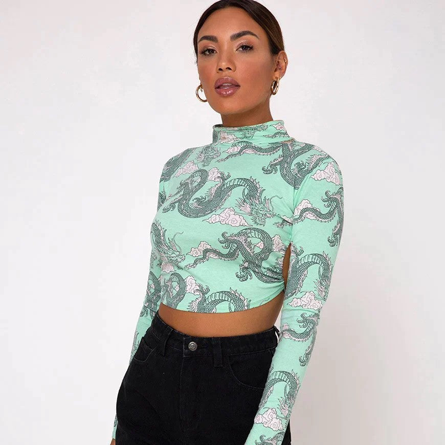 Ava - Crop top med drageprint og høj krave