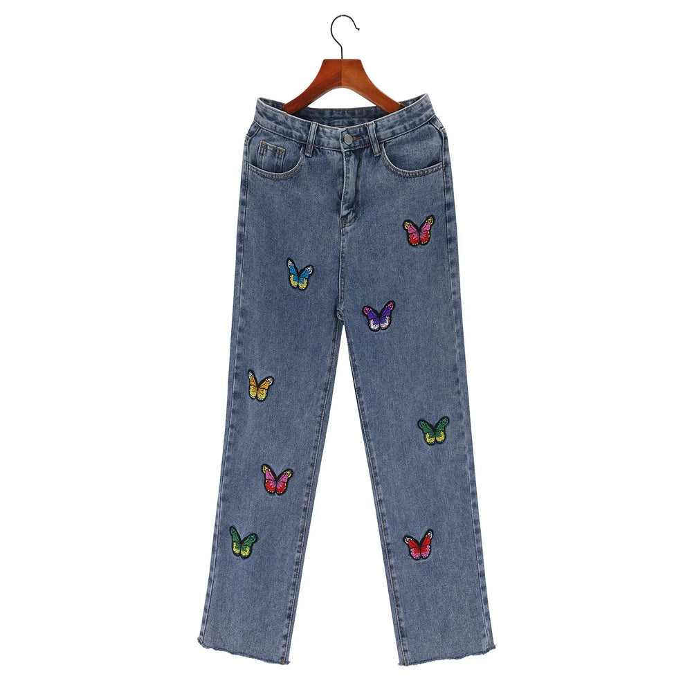 Livia - High-cut jeans med sommerfuglebroderi