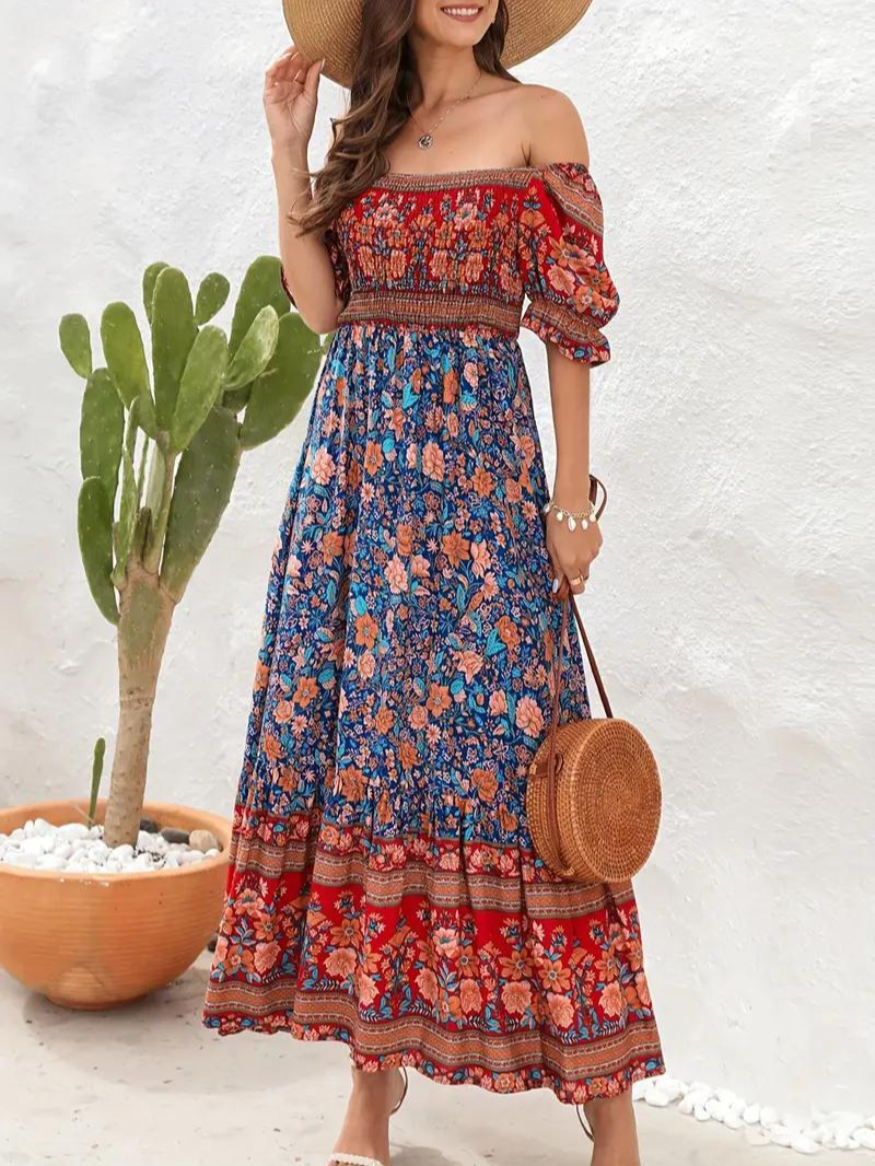 Maxi Kjole - Blomstret - Off Shoulder - Sommerkjole - Maxi-Søndagskjole