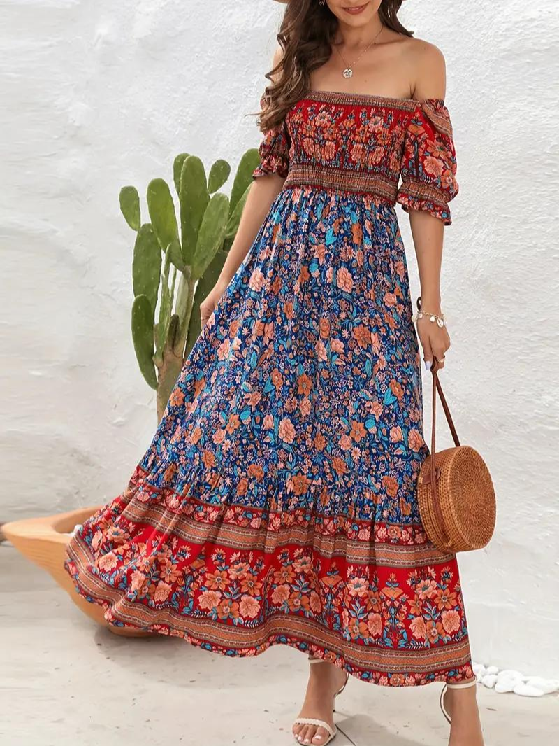 Maxi Kjole - Blomstret - Off Shoulder - Sommerkjole - Maxi-Søndagskjole